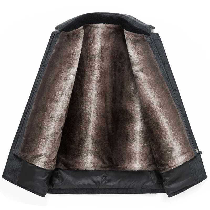Black jacket with brown fur lining on a white background