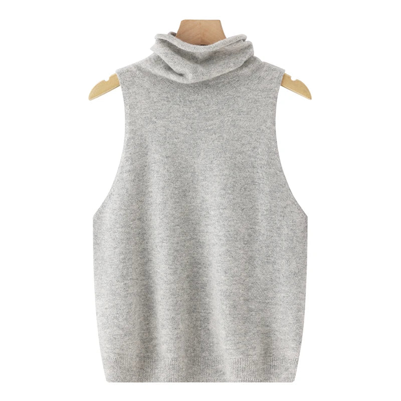 Gray sleeveless sweater vest on a mannequin against a white background