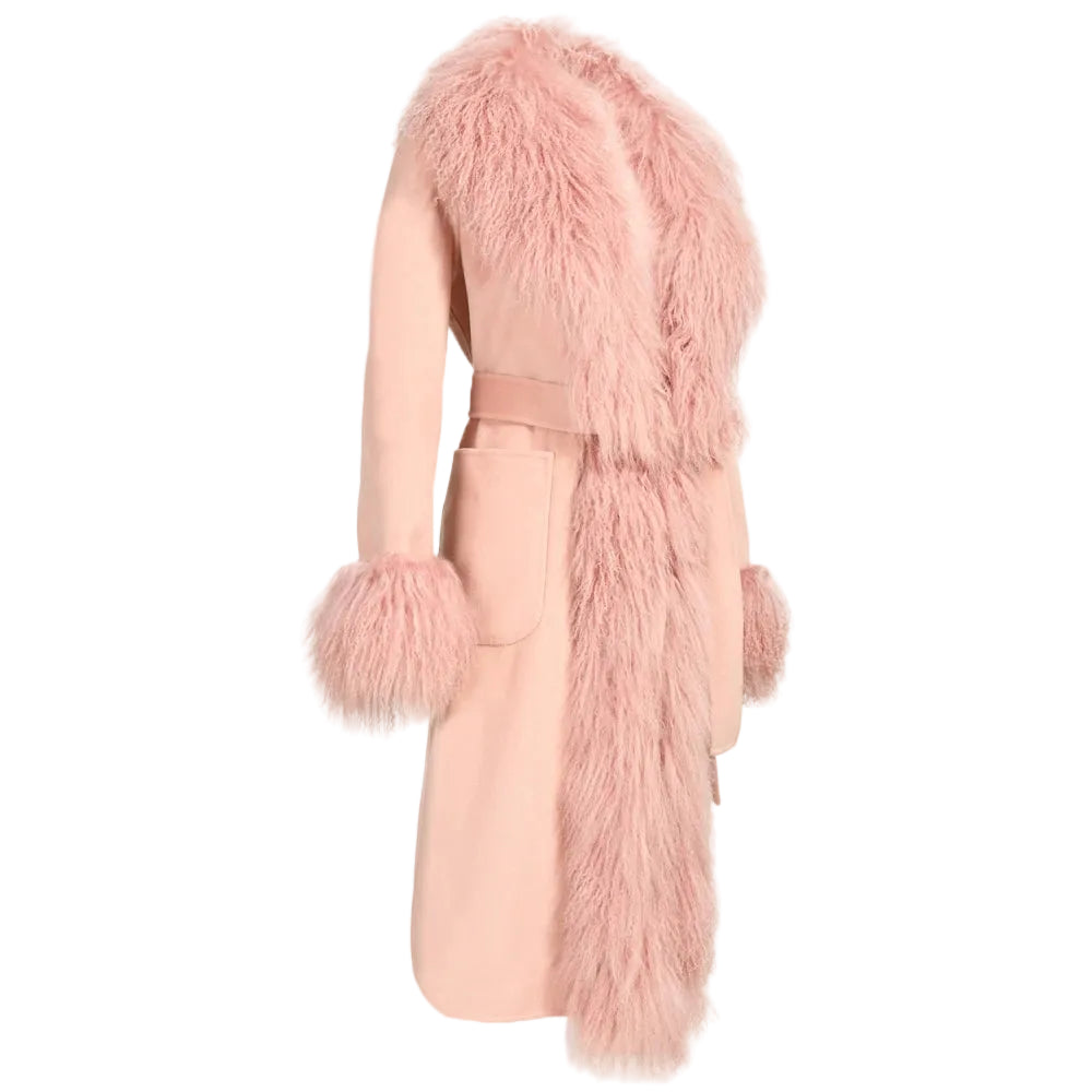 Pink fur coat with fluffy sleeves on a white background
