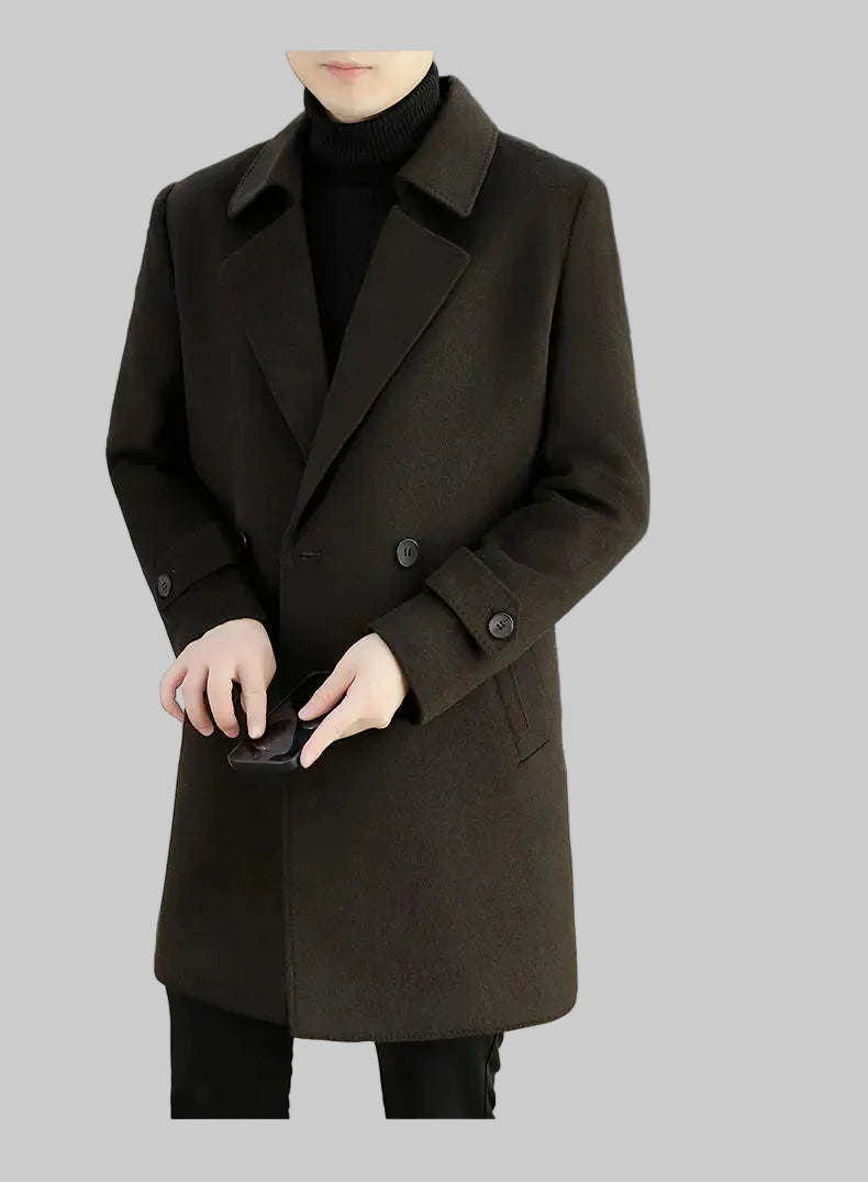 Person wearing a dark brown coat in an indoor setting with 'Fashion' text on the side.