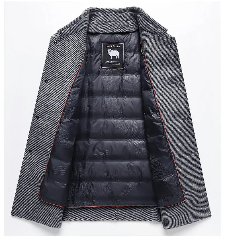 Gray herringbone coat with black quilted lining on a white background