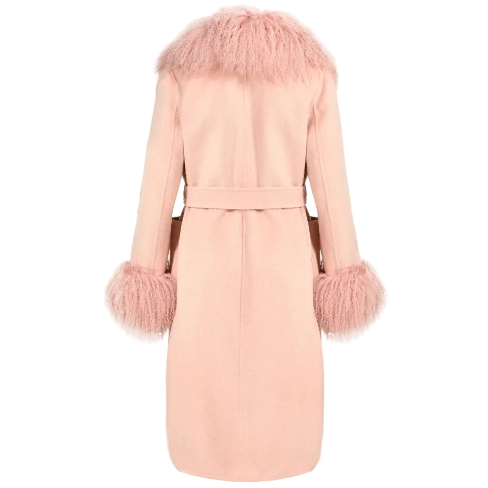 Pink coat with fur trim on a white background