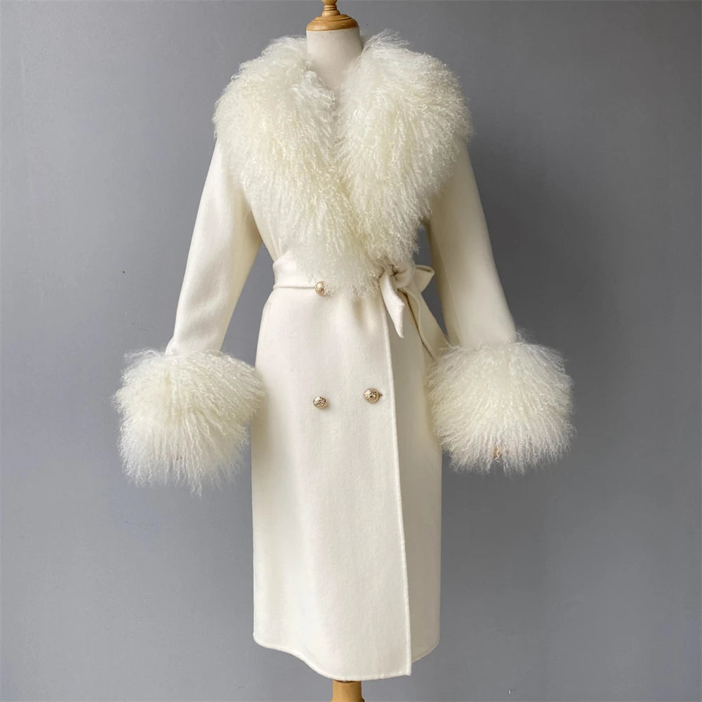 White coat with fur trim on a mannequin against a gray background