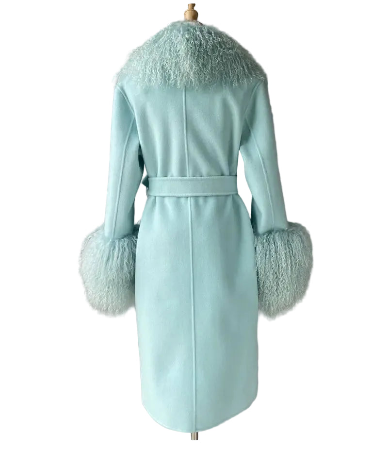 Light blue coat with feathered cuffs and collar on a gray background