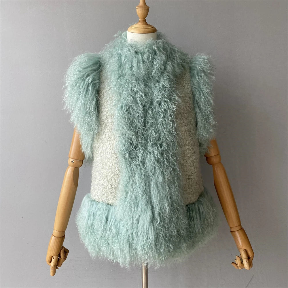 Light blue fluffy vest on a mannequin against a gray background