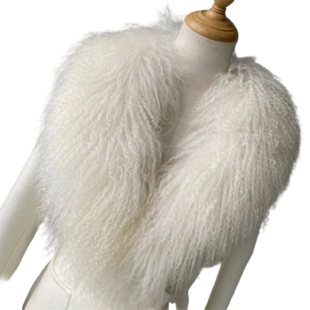 White fluffy scarf on a mannequin against a gray background