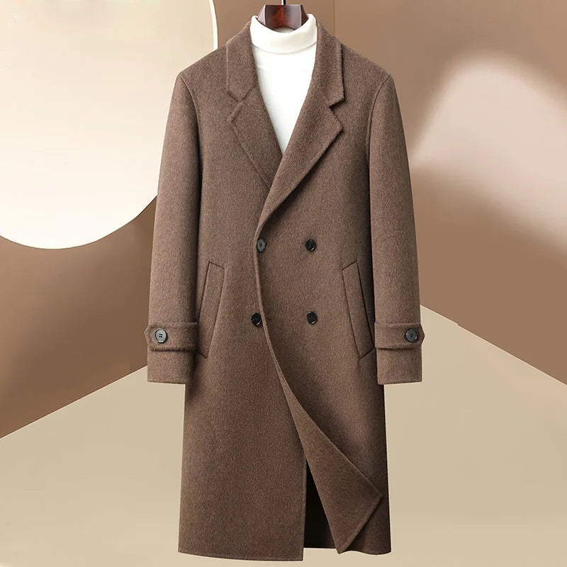 Brown overcoat on a mannequin against a beige background