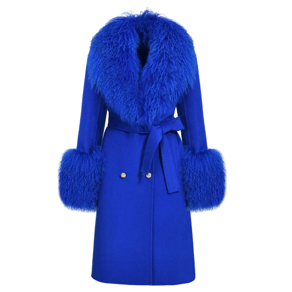 Blue coat with feathered cuffs and collar on a white background
