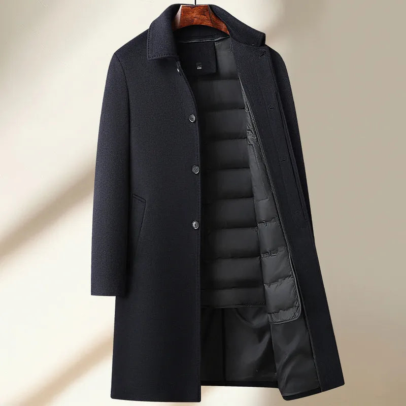 Black coat with a quilted lining on a beige background