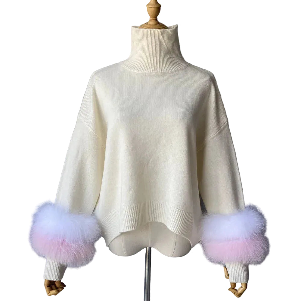 White sweater with colorful cuffs on a mannequin against a white background