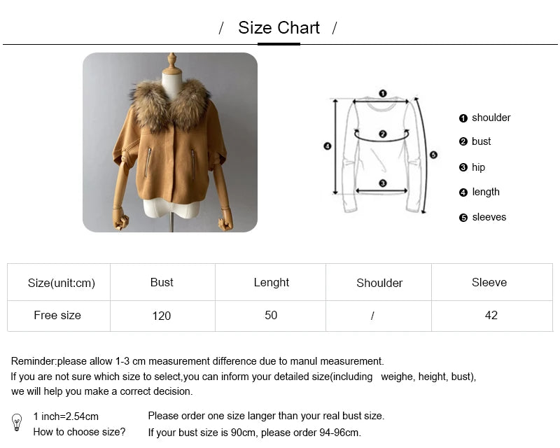 Size chart for a brown jacket with fur collar on a mannequin, showing measurements.
