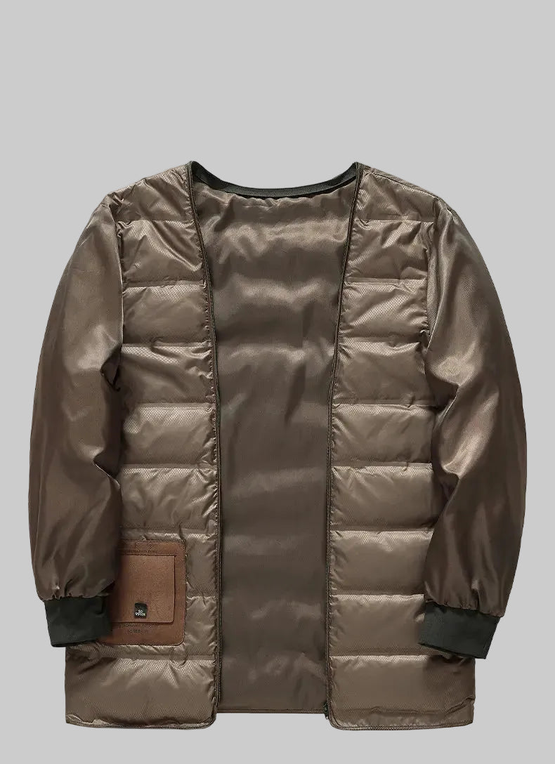Brown puffer jacket with a brown patch on a white background