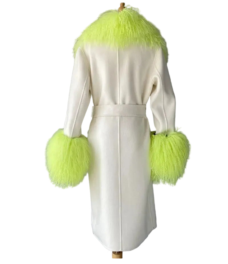 White coat with bright green fur cuffs and collar on a mannequin against a gray background