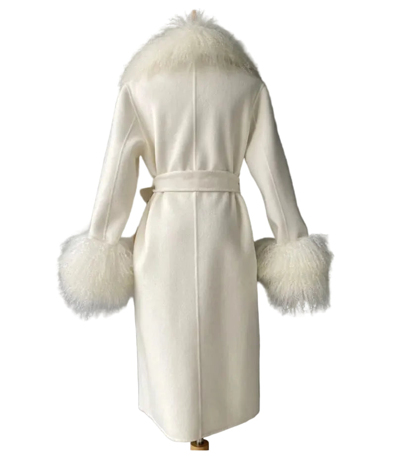 White coat with fur trim on a gray background