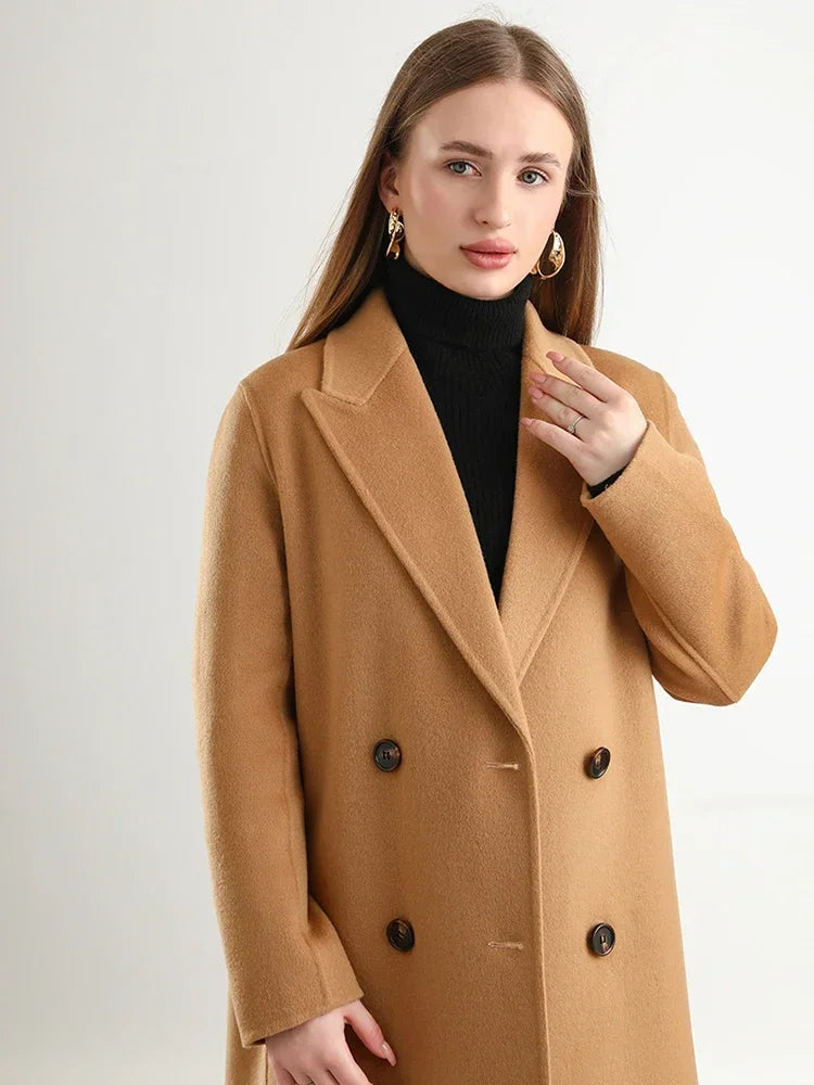 Woman wearing a brown coat on a white background