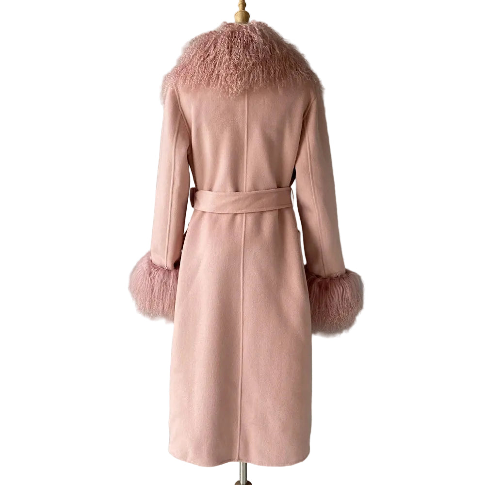 Pink coat with fur trim on a mannequin against a gray background