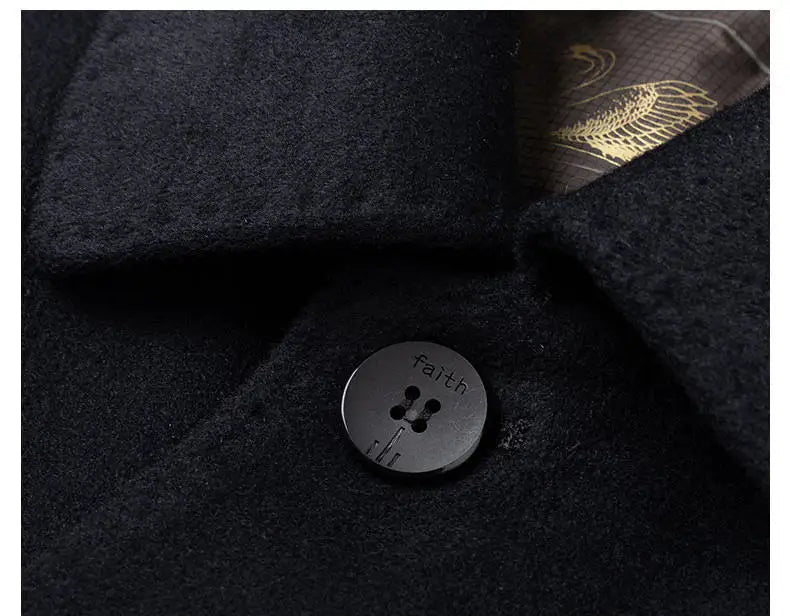 Close-up of a black coat button with 'Faith' branding, on a dark background.