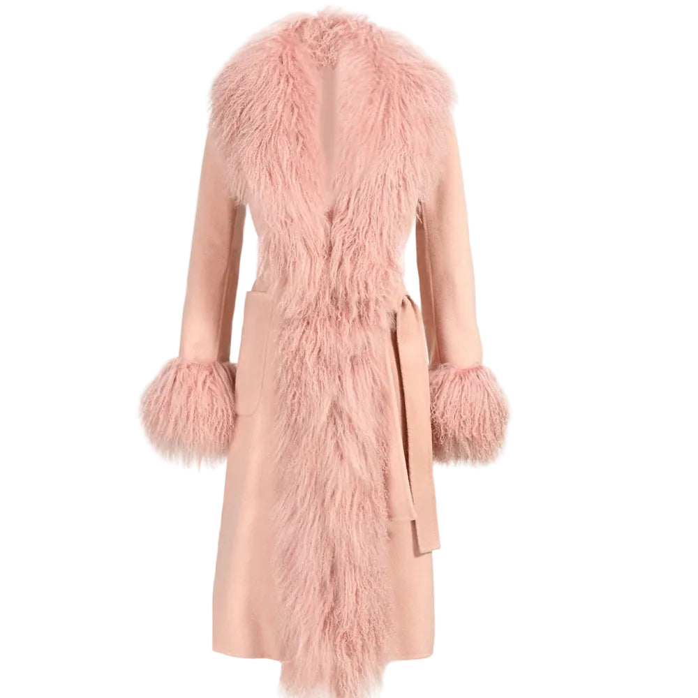 Pink coat with fluffy sleeves and collar on a white background