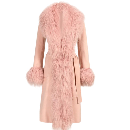 Pink coat with fluffy sleeves and collar on a white background