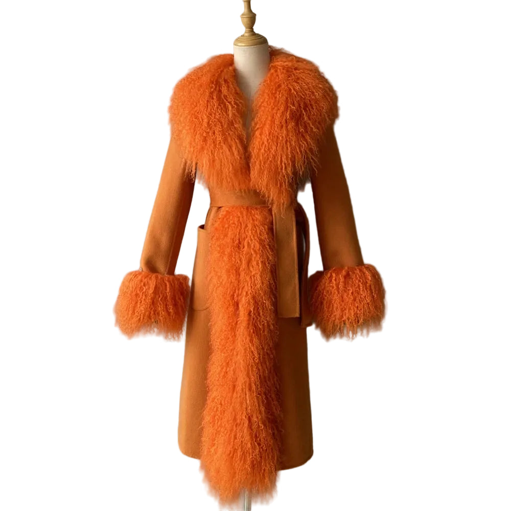 Orange coat with fur trim on a mannequin against a plain background