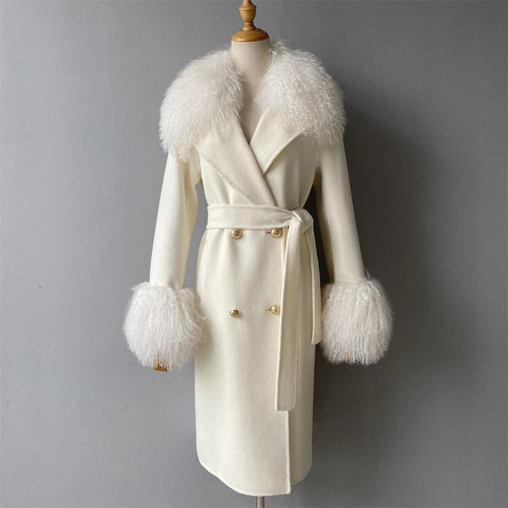 White coat with fur trim on a mannequin against a gray background