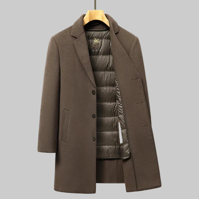 Brown coat with detachable inner lining on a gray background