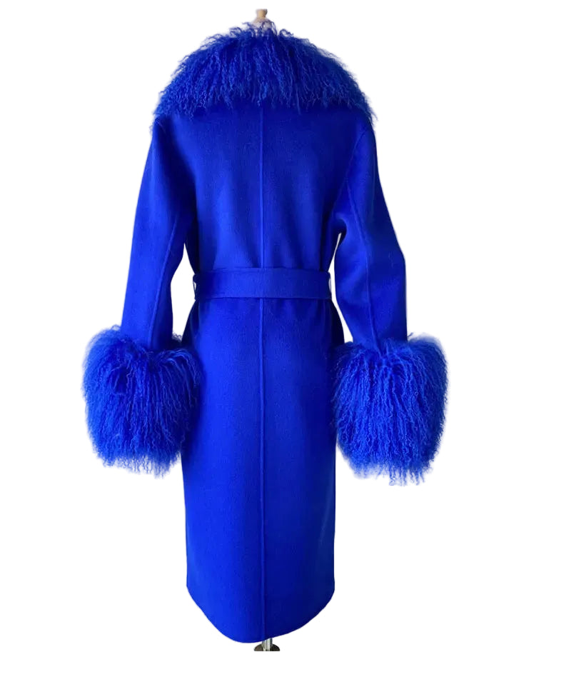 Blue coat with feathered cuffs and collar on a gray background