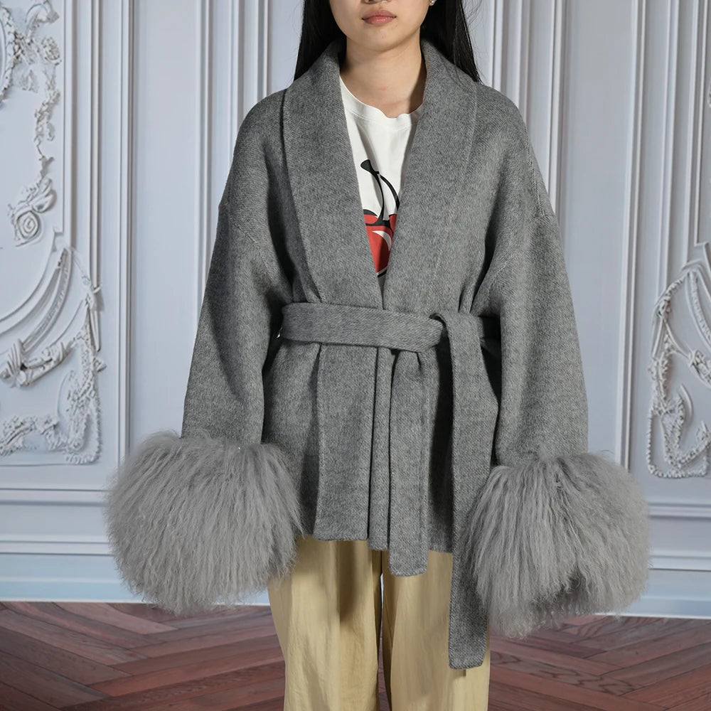 Woolberry Wool Coat, Mongolian Fur Cuffs