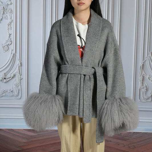Woolberry Wool Coat, Mongolian Fur Cuffs