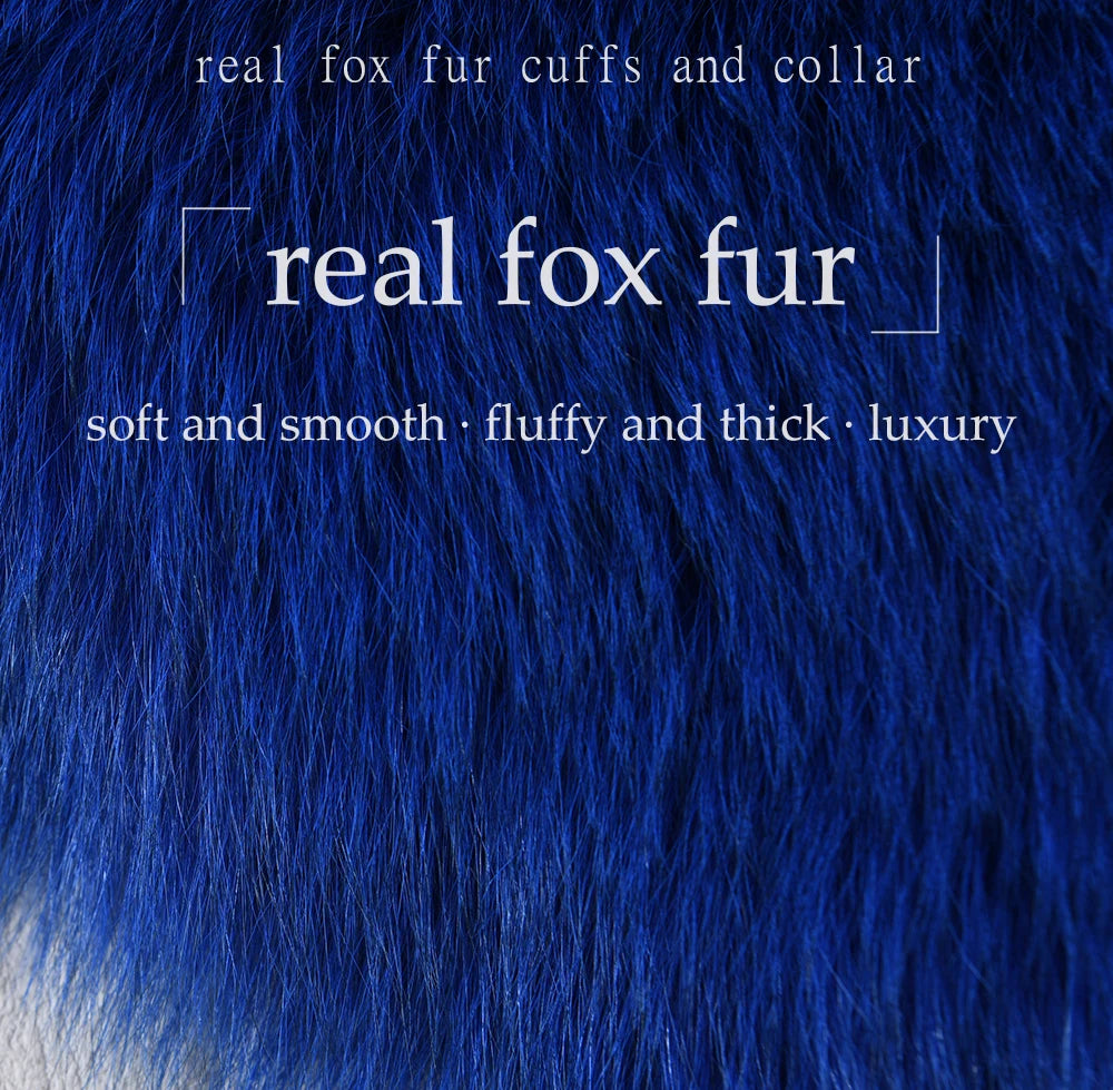 Close-up of blue fox fur with text describing the product.