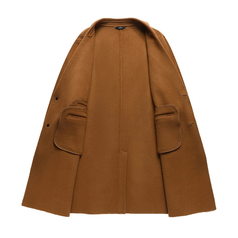 Brown coat with large front pockets on a white background