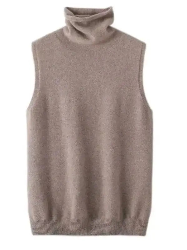 Brown turtleneck sweater vest on a white background