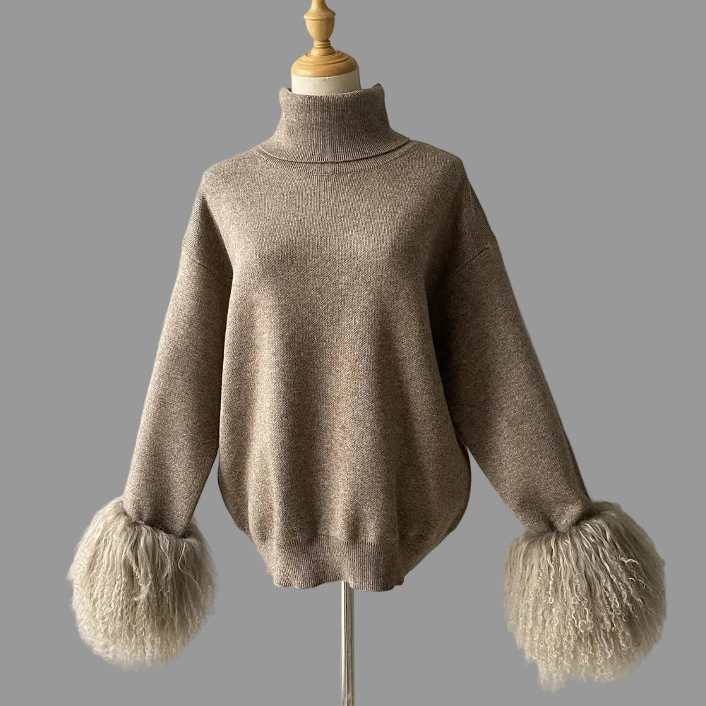 Brown sweater with fluffy cuffs on a mannequin against a gray background