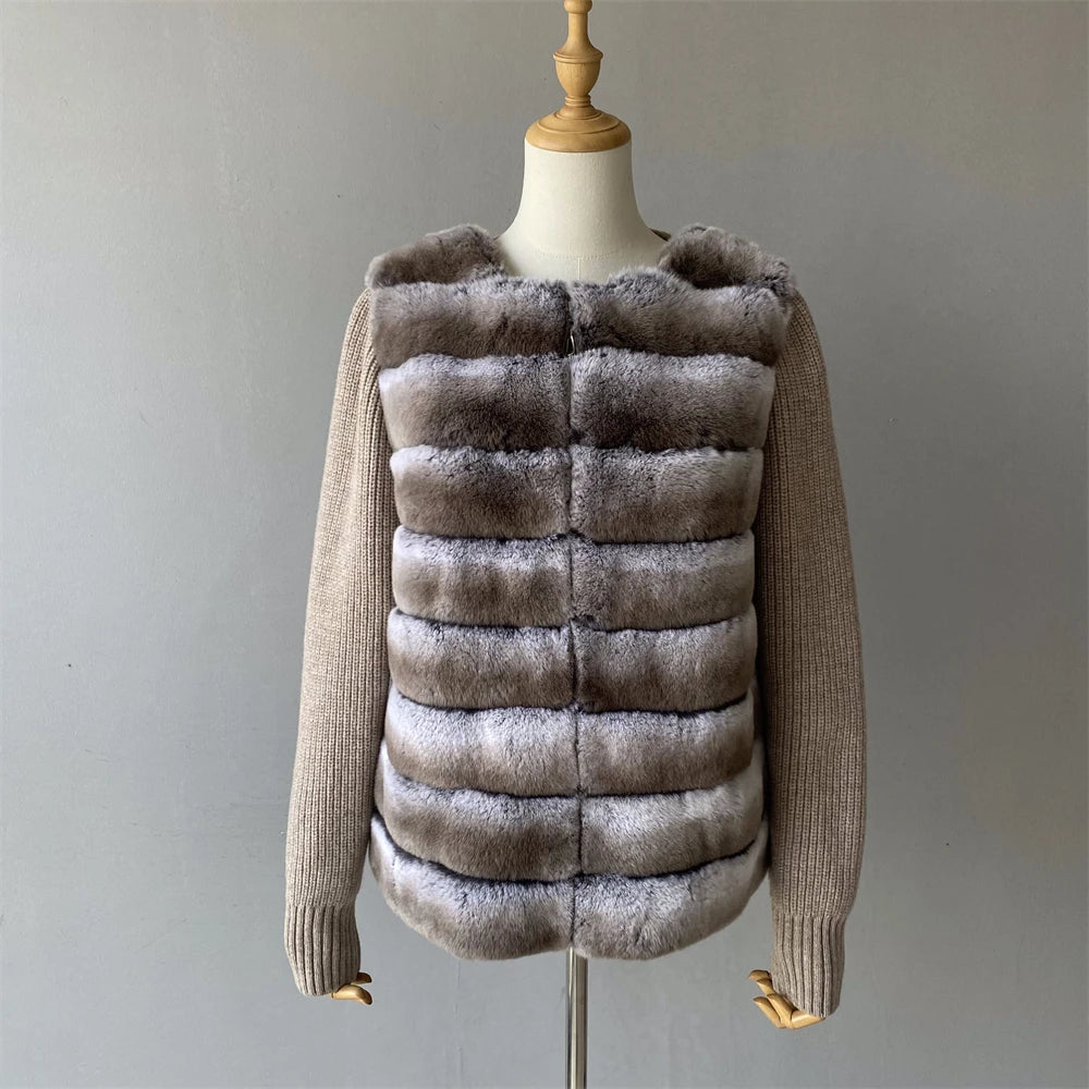 Brown puffer jacket on a mannequin against a plain background