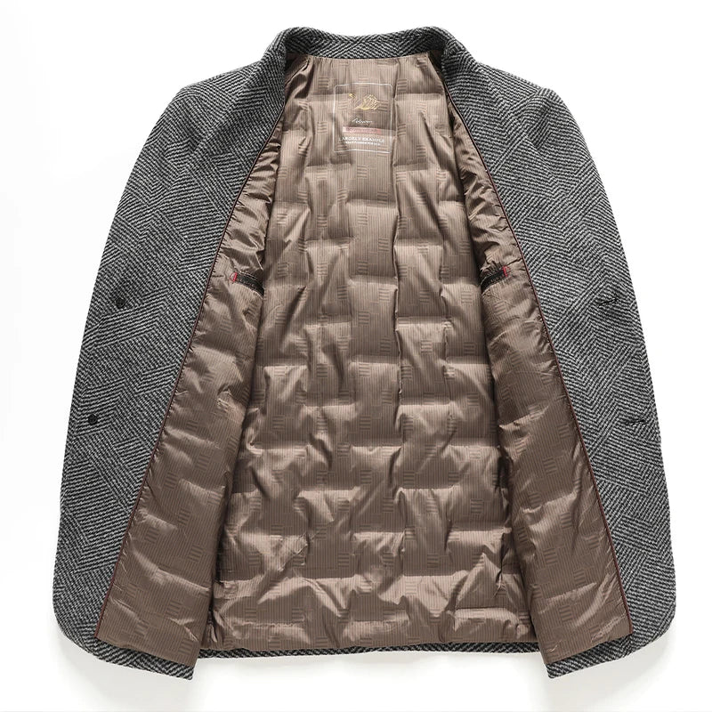 Gray textured jacket with quilted brown lining on a white background