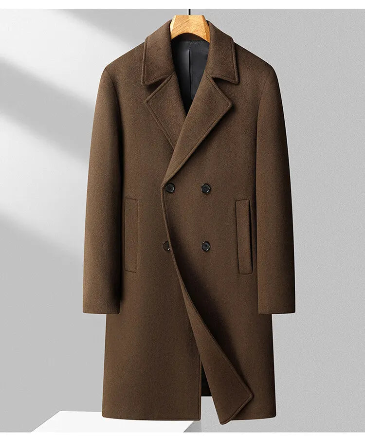 Brown coat on a hanger against a light gray background