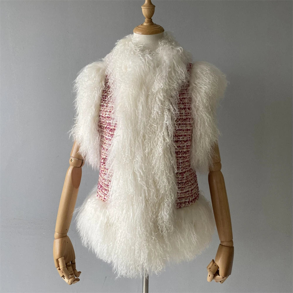 Mannequin wearing a white fluffy vest with a red and brown patterned inner lining on a gray background