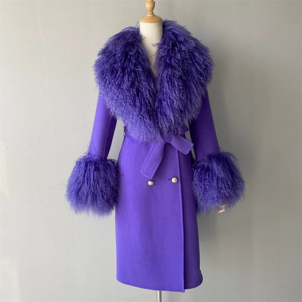 Purple coat with fur trim on a mannequin against a plain background