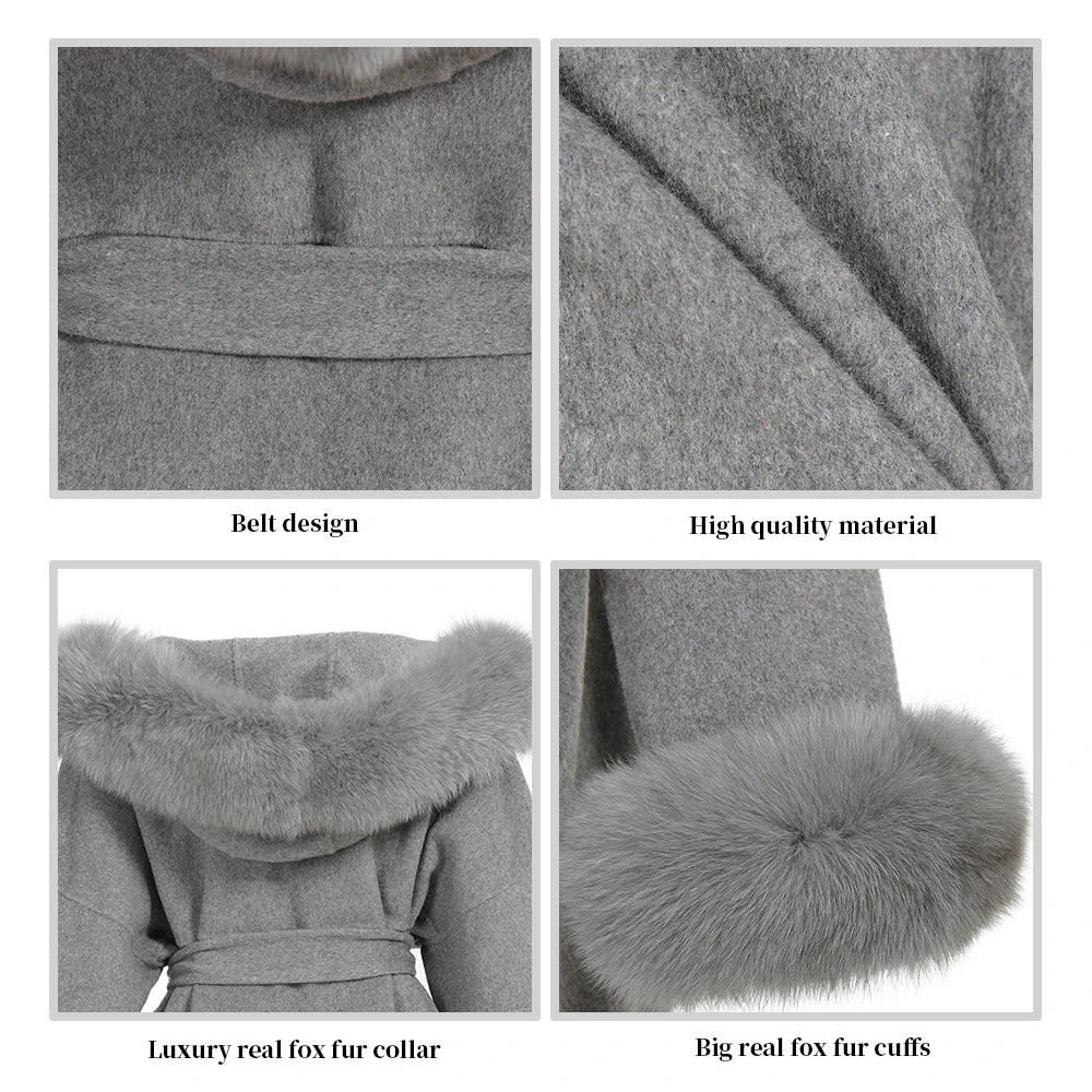 Collage of a gray coat with belt design, high-quality material, luxury real fox fur collar, and big real fox fur cuffs.