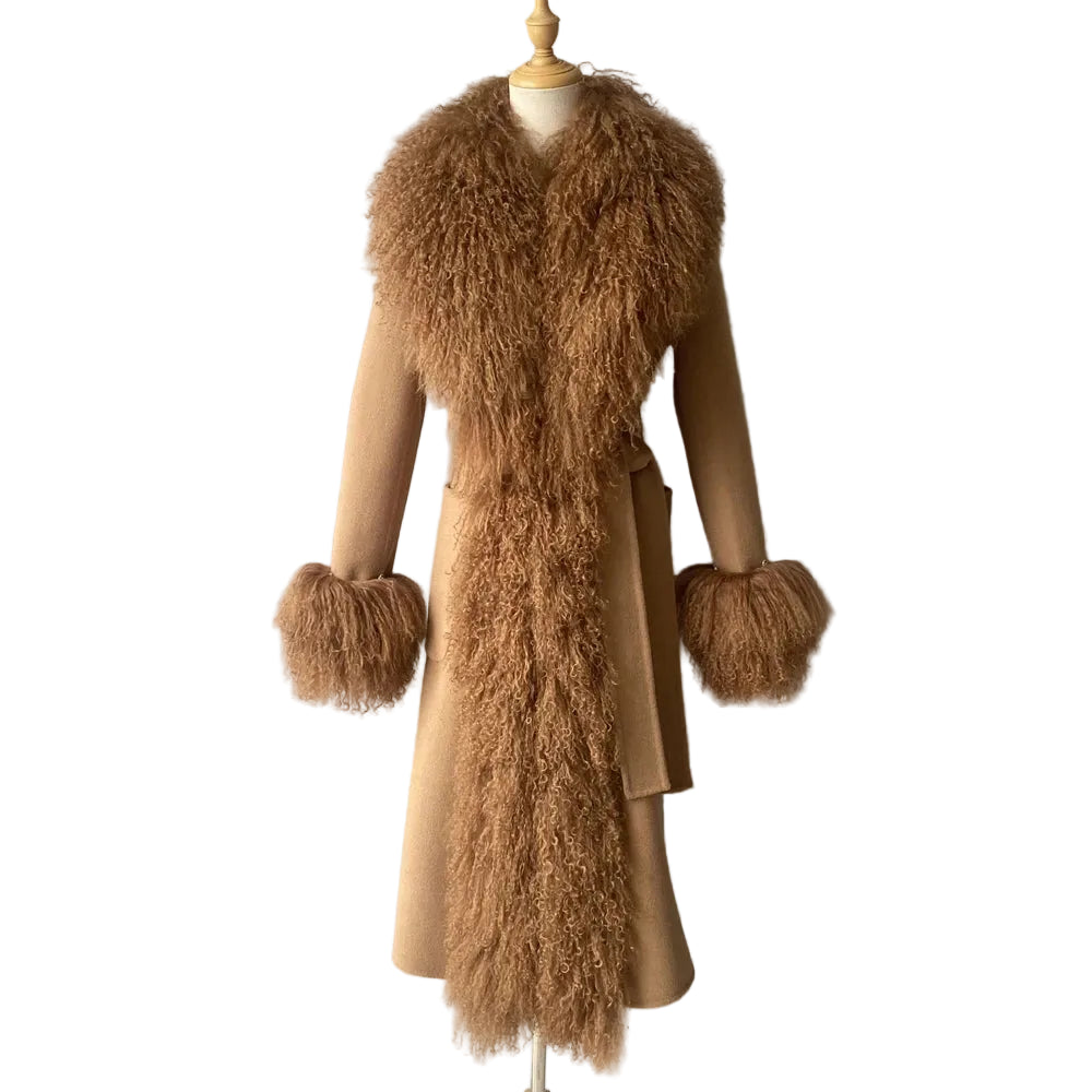 Brown fur vest and coat on a mannequin against a plain background