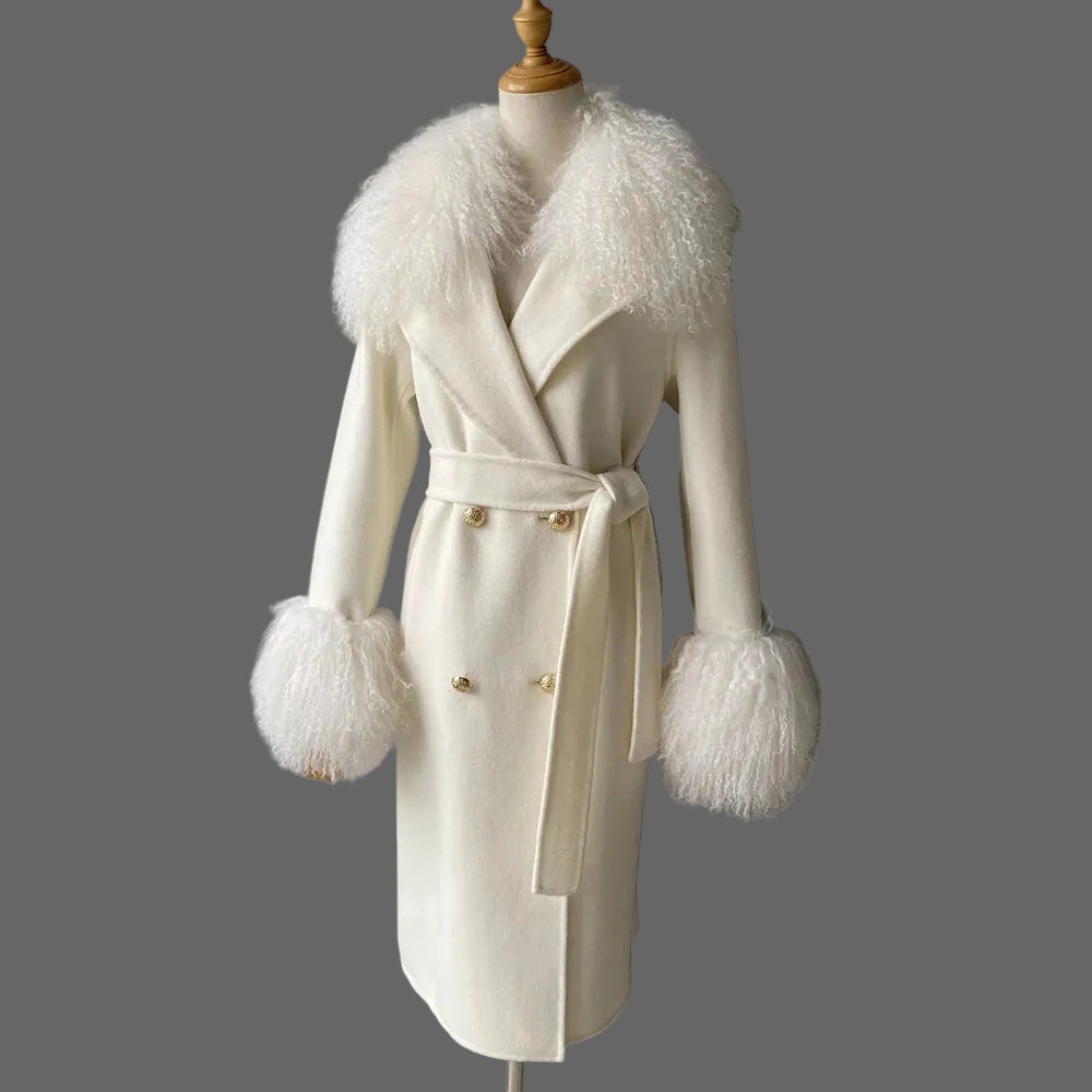 White coat with fur trim on a mannequin against a gray background