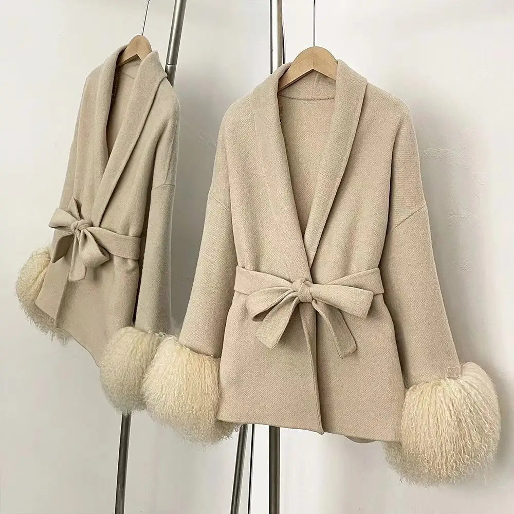 Woolberry Wool Coat, Mongolian Fur Cuffs
