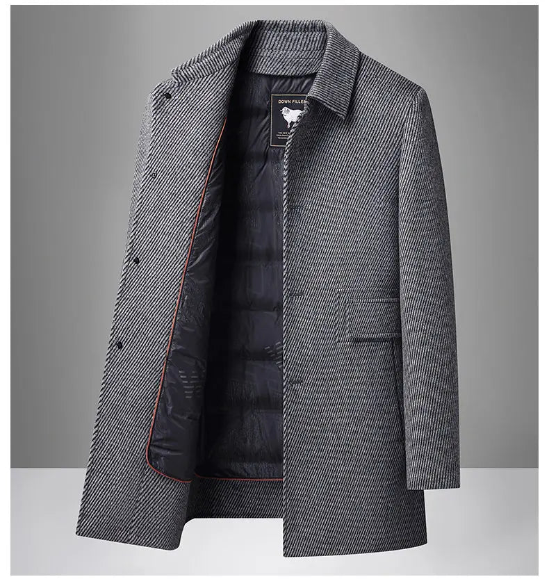 Gray textured coat with a brand label on a gray background