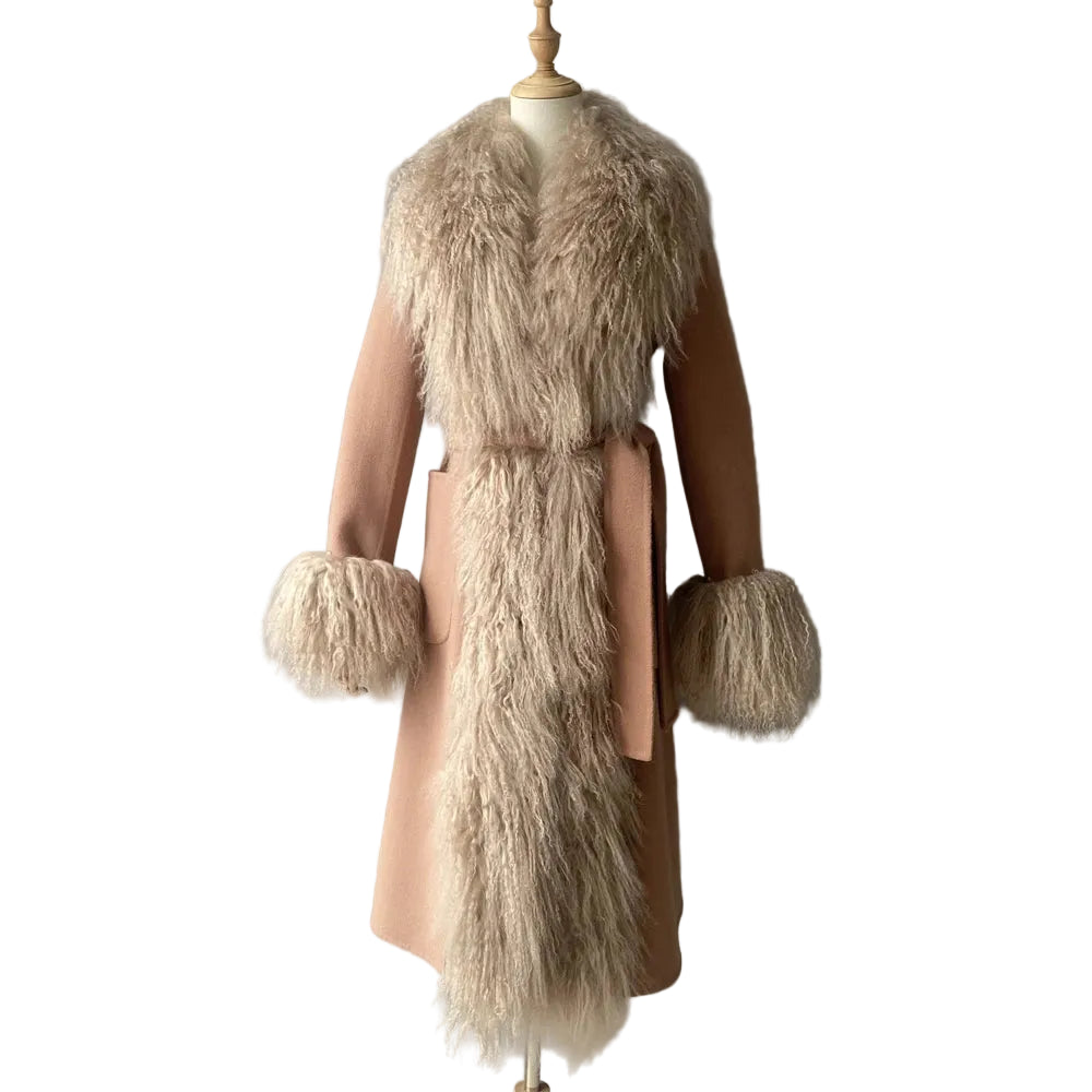 Beige coat with fur trim on a mannequin against a gray background