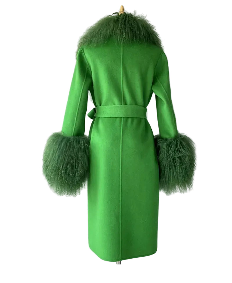 Green coat with feathered cuffs and hood on a gray background