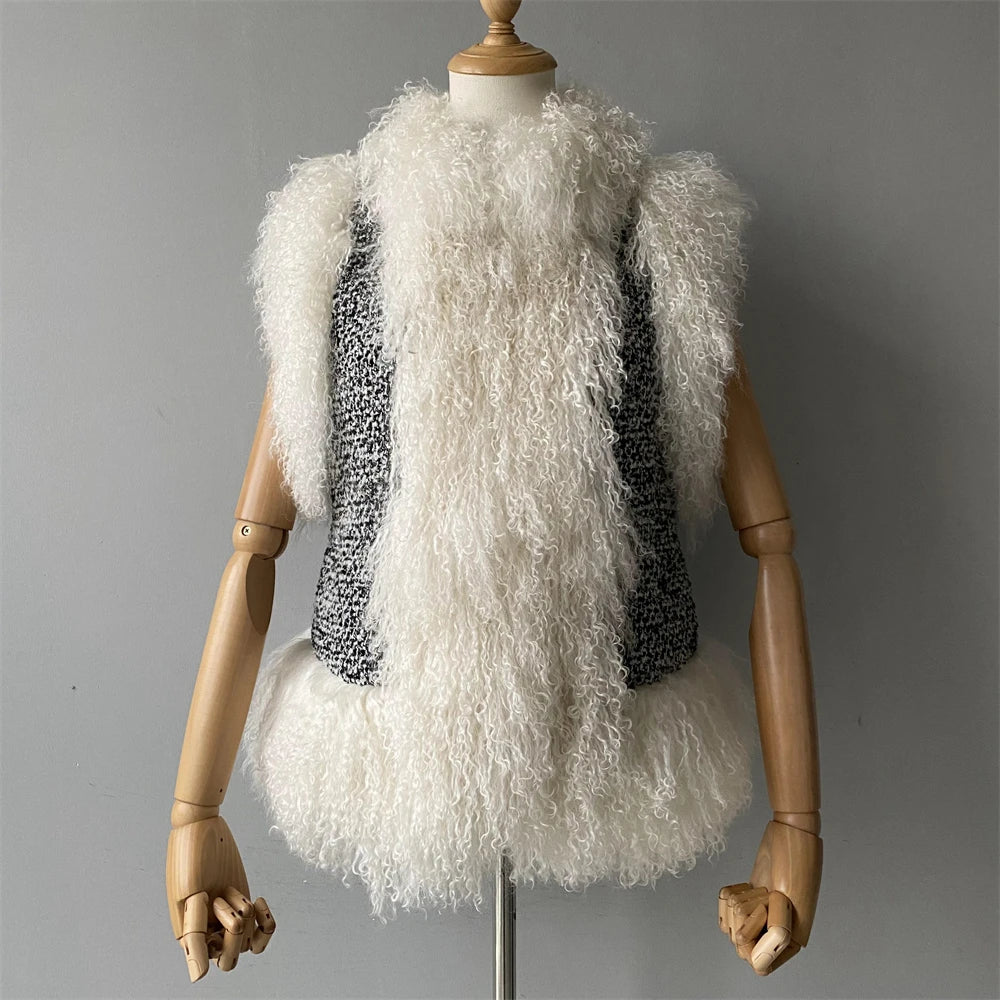 Mannequin wearing a white fluffy vest on a gray background