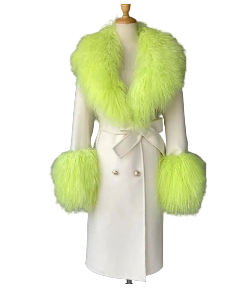 White coat with bright green fur trim on a mannequin against a gray background.