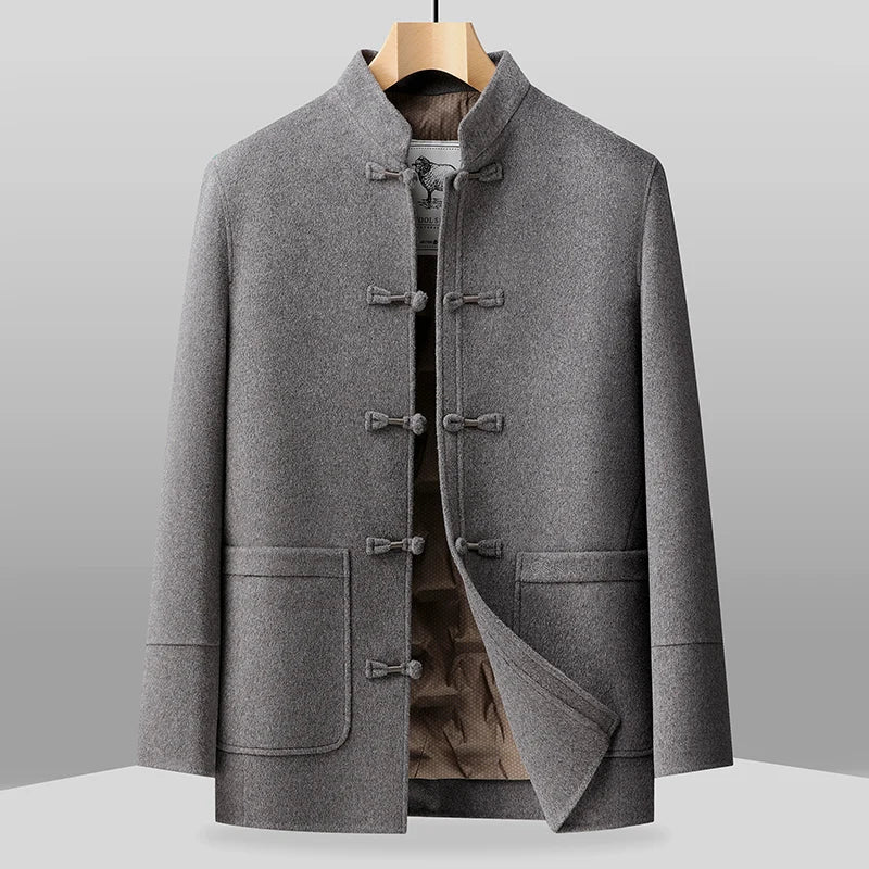 Gray coat with button details on a gray background
