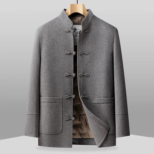 Gray coat with button details on a gray background