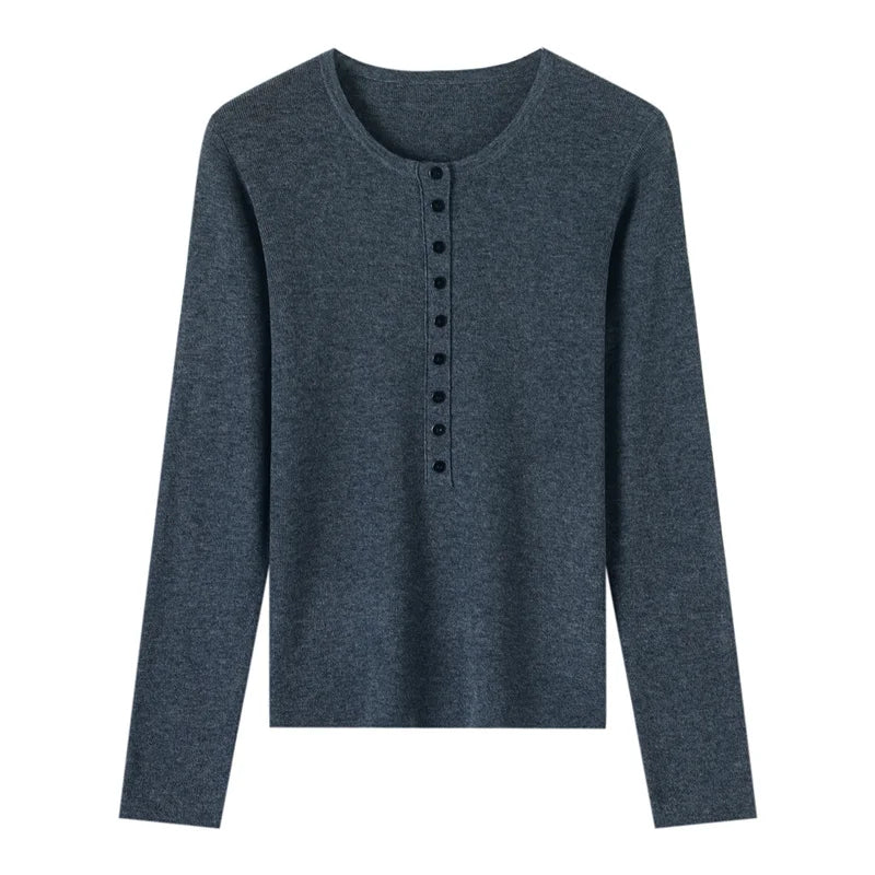 Dark gray long-sleeve henley shirt on a white background